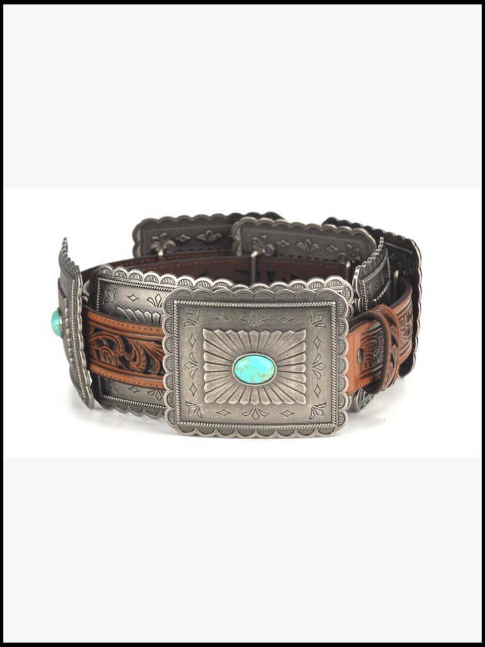 Turquoise Concho Western Belt Tooled Embroidery Wide Girth - Picture 7 of 7